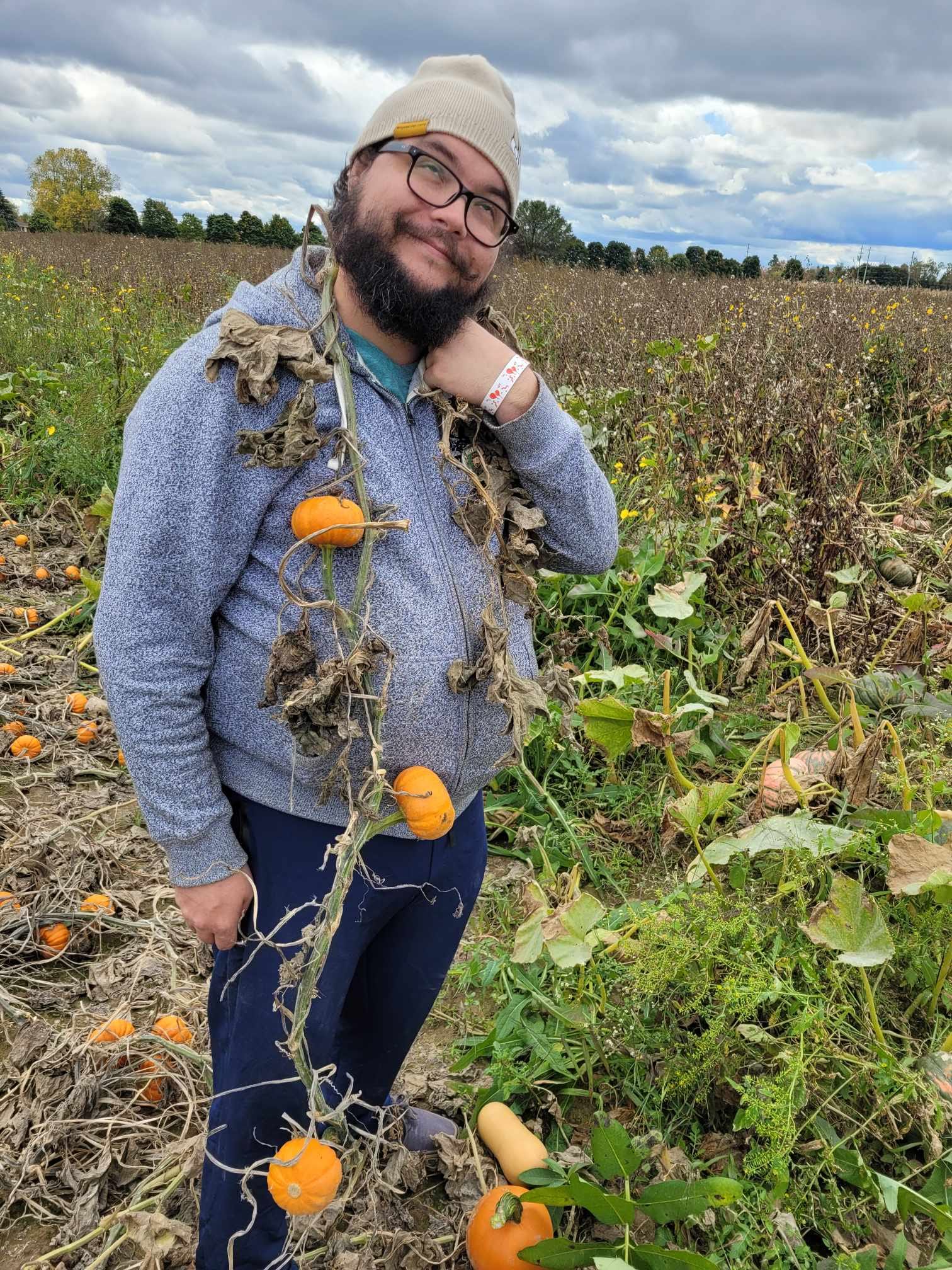 A man with short hair and bushy facial hair stands in a pumpkin patch with a vine holding several small orange pumpkins around his neck